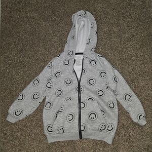 okie dokie Gray Hoodie with Black Smiley Print